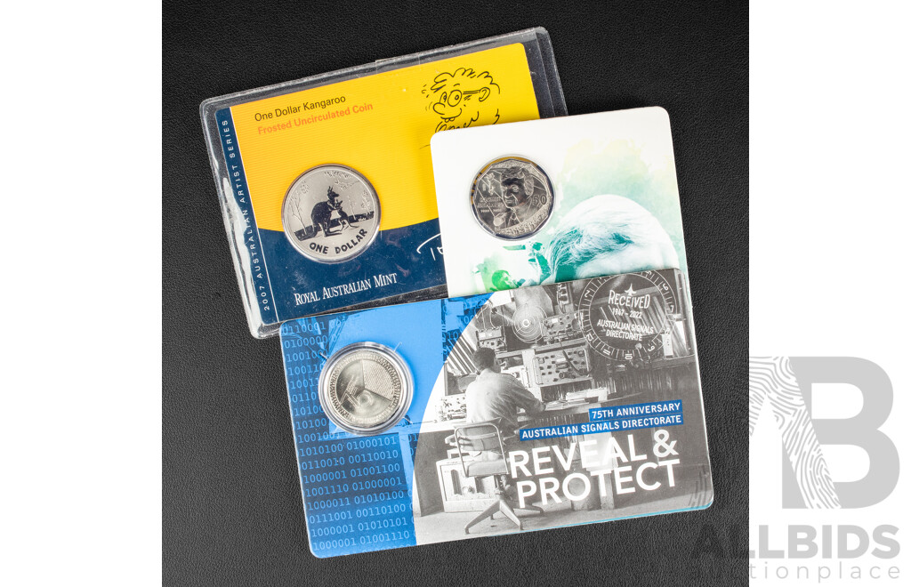 Australian RAM Commemorative Coins Including 2007 One Dollar, Rolf Harris Kangaroo, 2022 Fifty Cent, Reveal and Protect, 75th Anniversary Australian Signals Directive, 2017 Fifty Cent, Richie Benaud
