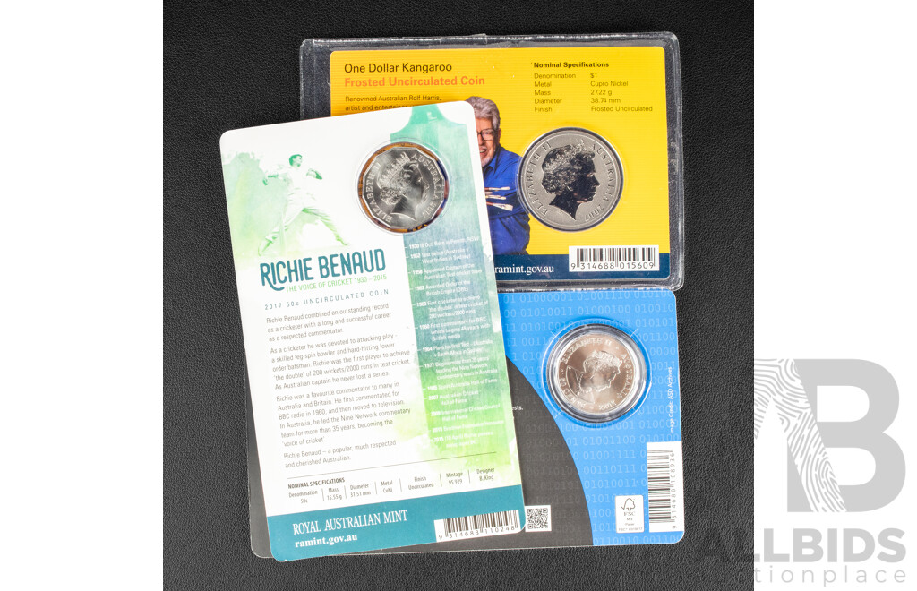 Australian RAM Commemorative Coins Including 2007 One Dollar, Rolf Harris Kangaroo, 2022 Fifty Cent, Reveal and Protect, 75th Anniversary Australian Signals Directive, 2017 Fifty Cent, Richie Benaud