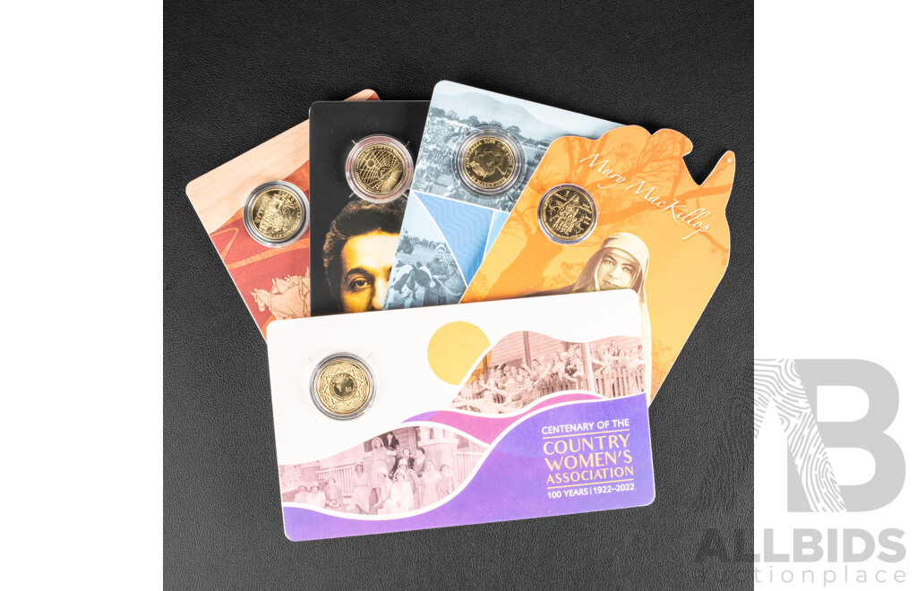 Five Australian RAM Commemorative One Dollar Coins Including 2024 Cobb & Co, 2022 Bicentenary Royal Agricultural Societies and Shows, 2022 100 Years of CWA, 2008 Mary MacKillop, 2022 Wallal Centenary