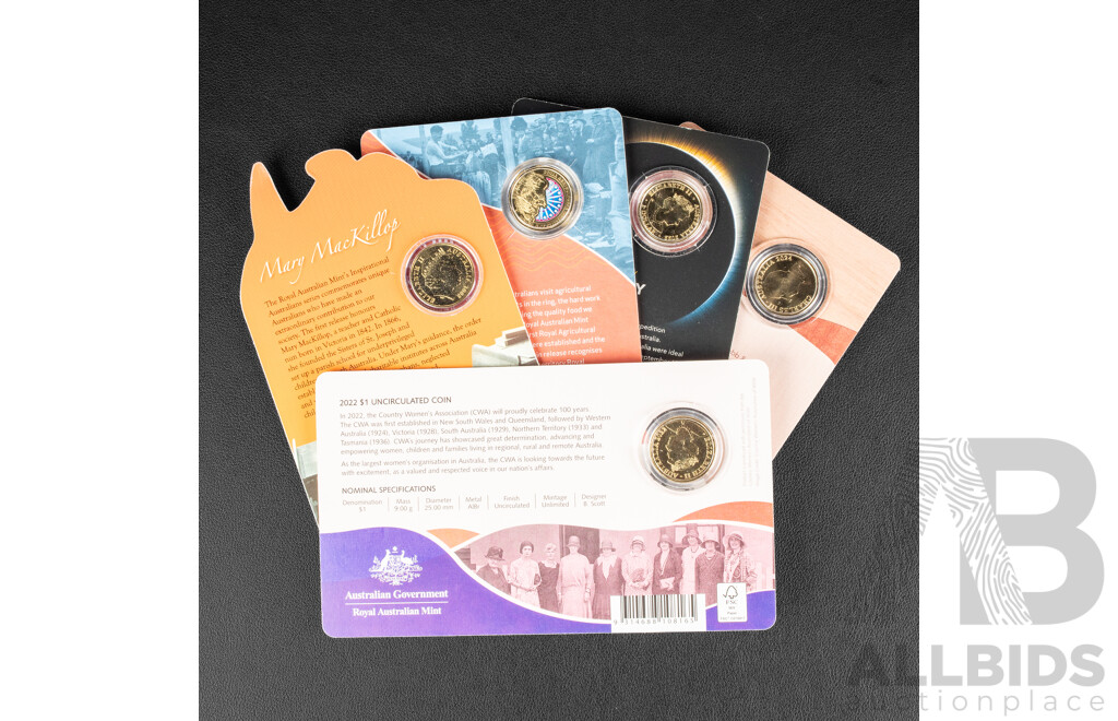 Five Australian RAM Commemorative One Dollar Coins Including 2024 Cobb & Co, 2022 Bicentenary Royal Agricultural Societies and Shows, 2022 100 Years of CWA, 2008 Mary MacKillop, 2022 Wallal Centenary