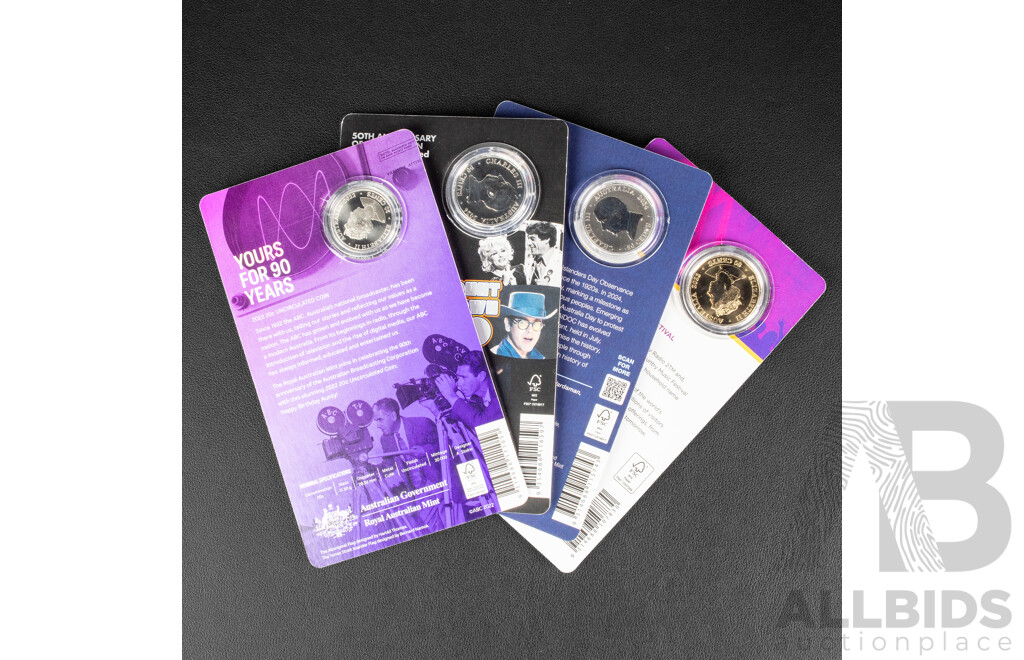 Four Australian RAM Commemorative Including Fifty Cents, 2024 Fifty Years of NAIDOC Committee, 2022 50th Anniversary Tamworth Country Music Festival, 2024 Count Down 50th Anniversary, Twenty Cent 2022 ABC 90 Years
