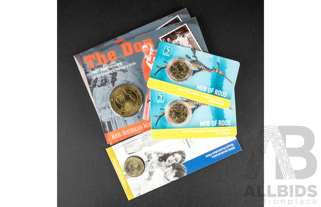 Four Australian RAM Commemorative Coins Including One Dollar 2025 60th Anniversary RAM Community Collectors, Two 2022 Mob of Roos ANDA Weedy Seadragon Privy Marked, 2008 Five Dollar Don Bradman 100th Anniversary