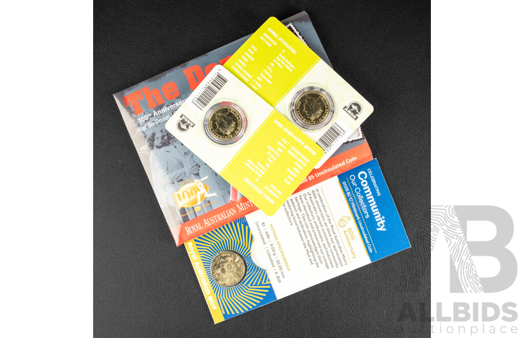 Four Australian RAM Commemorative Coins Including One Dollar 2025 60th Anniversary RAM Community Collectors, Two 2022 Mob of Roos ANDA Weedy Seadragon Privy Marked, 2008 Five Dollar Don Bradman 100th Anniversary