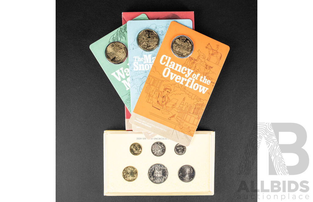 Australian 2024 Six UNC Coin Set, Change of Monarch and 2020 Three Commemorative Fifty Cent Coin Set, Banjo Paterson