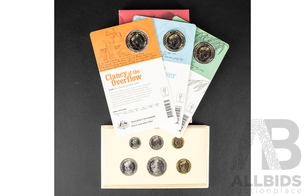 Australian 2024 Six UNC Coin Set, Change of Monarch and 2020 Three Commemorative Fifty Cent Coin Set, Banjo Paterson