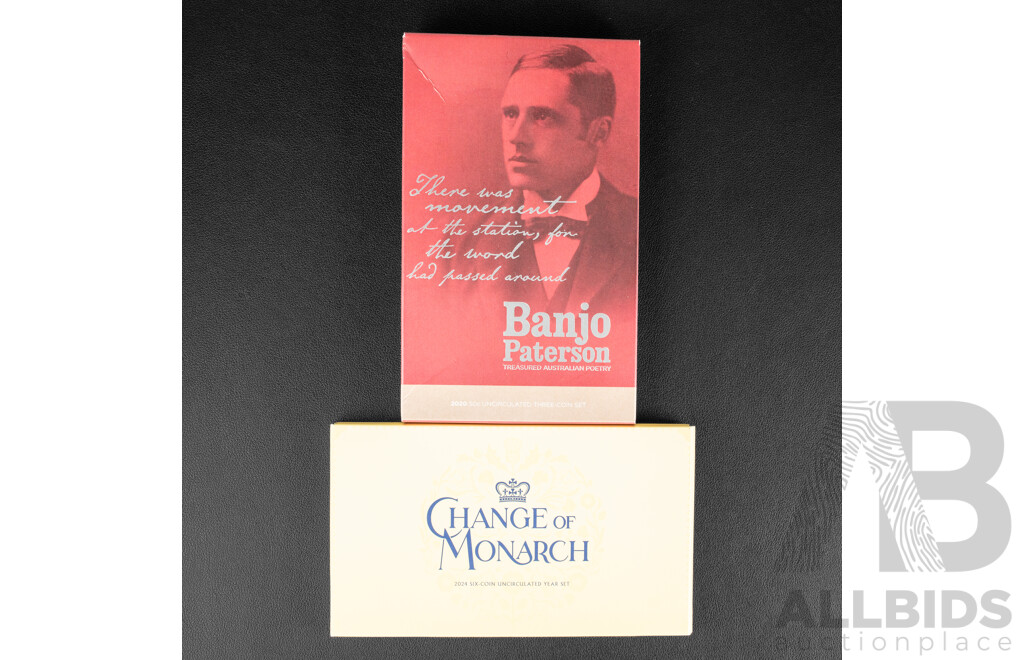 Australian 2024 Six UNC Coin Set, Change of Monarch and 2020 Three Commemorative Fifty Cent Coin Set, Banjo Paterson