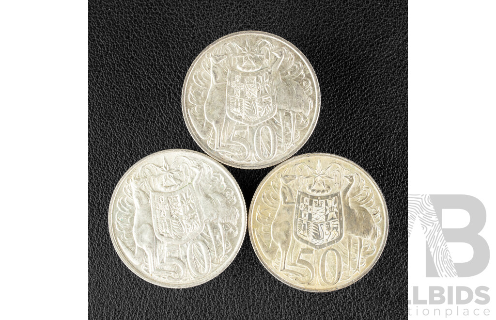 Three Australian 1966 Round Silver Fifty Cent Coins .800