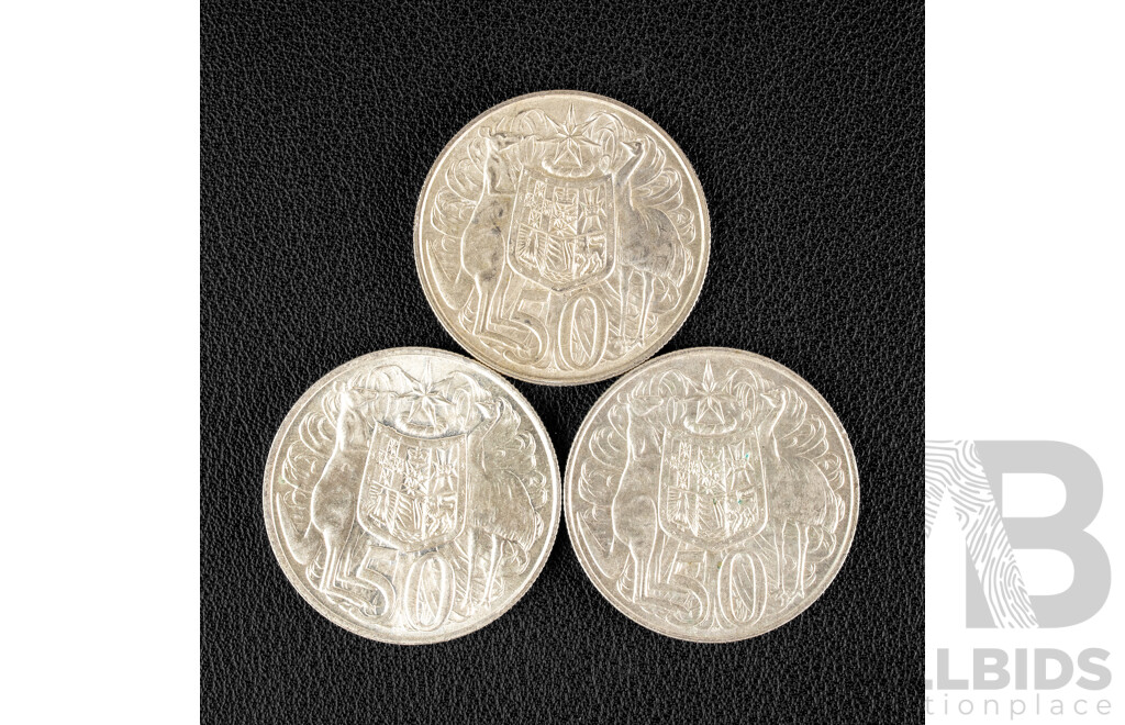 Three Australian 1966 Round Silver Fifty Cent Coins .800