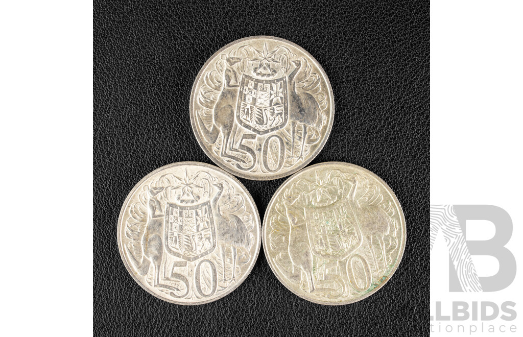 Three Australian 1966 Round Silver Fifty Cent Coins .800