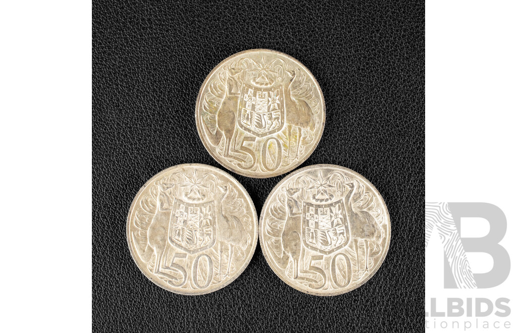 Three Australian 1966 Round Silver Fifty Cent Coins .800