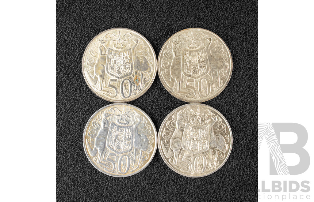 Four Australian 1966 Round Silver Fifty Cent Coins .800