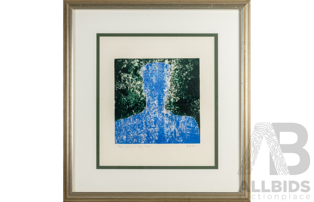 Rajos (20th Century), Blue Love in a Green Forest (1993), Wonderful Original Signed Linocut, 71 x 66 cm (frame)