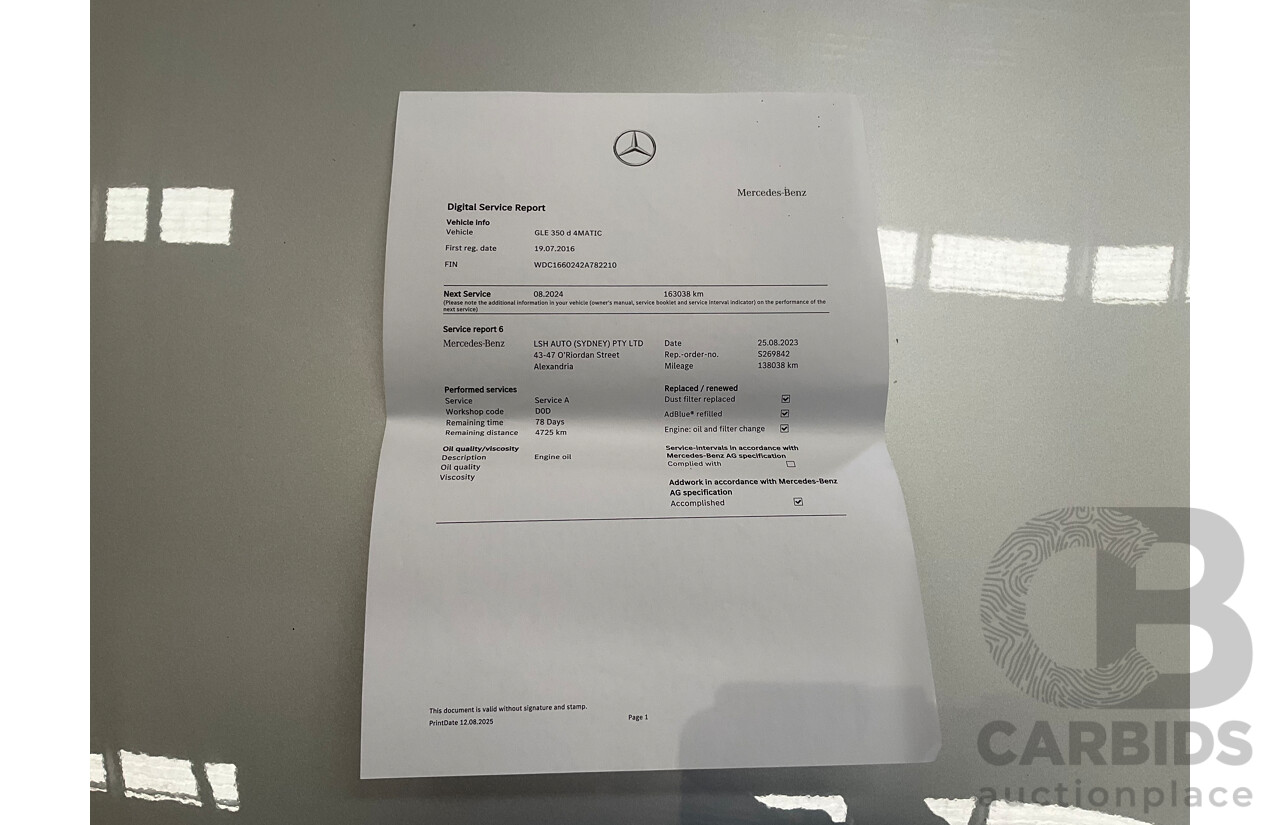 07/2016 Mercedes-Benz GLE 350d (AWD) 166 4D Wagon Iridium Silver Metallic Turbo Diesel V6 3.0L