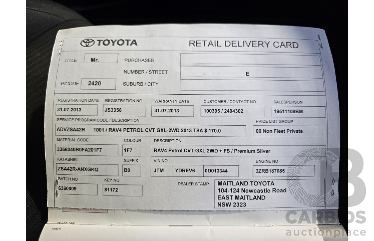 7/2013 Toyota Rav4 GXL ZSA42R 4d Wagon Premium Silver 2.0L