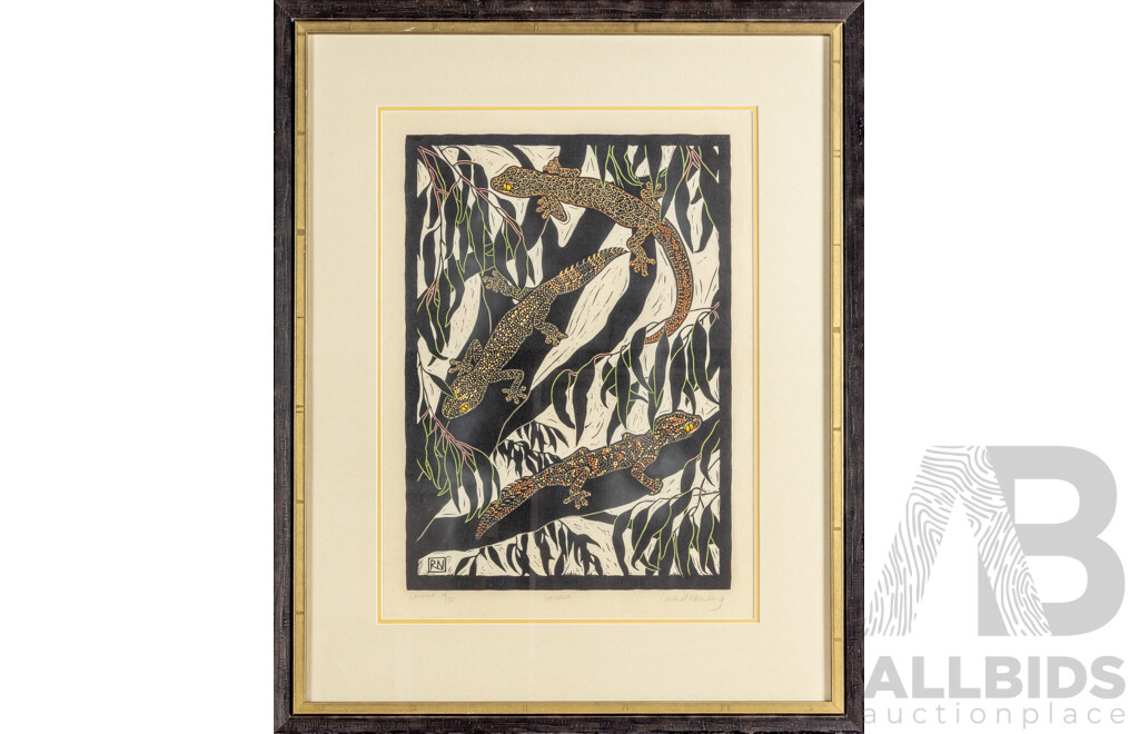 Rachel Newling (20th Century, Australian, 1956-), Geckos, Original Signed & Editioned Hand-Painted Linocut on Handmade Japanese Paper, 80 x 64 cm (frame)