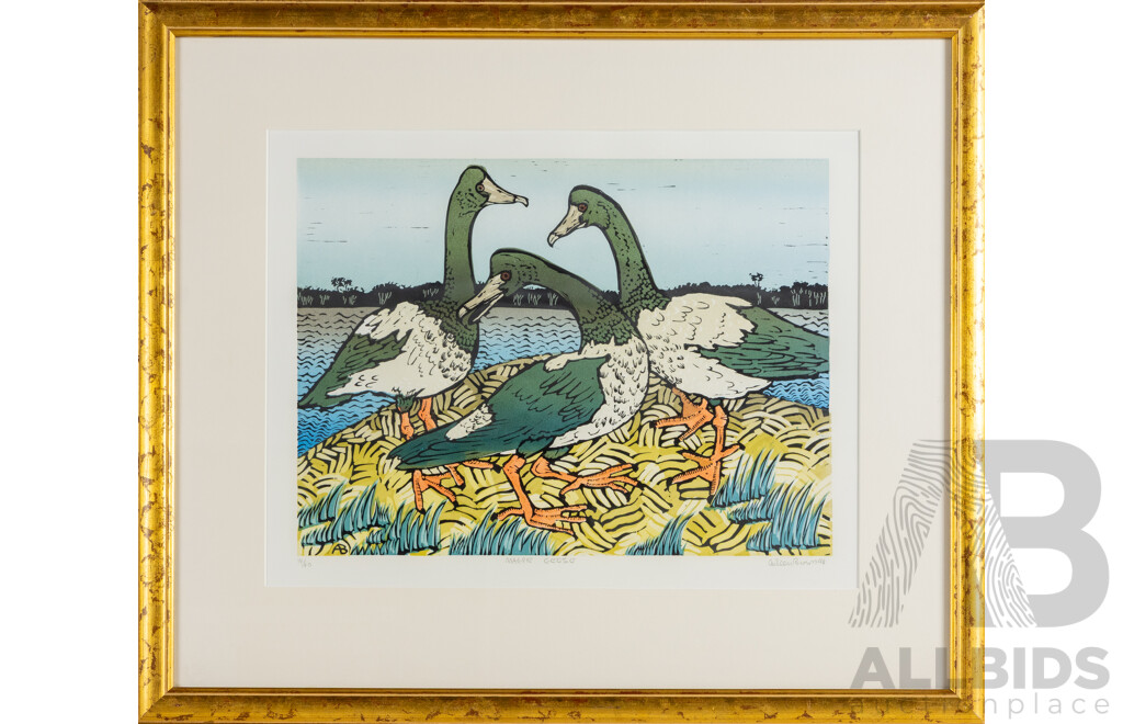 Aileen Brown (20th Century, Australian, 1946-), Magpie Geese (1994), Original Signed & Editioned Linocut, 60 x 70 cm (frame)