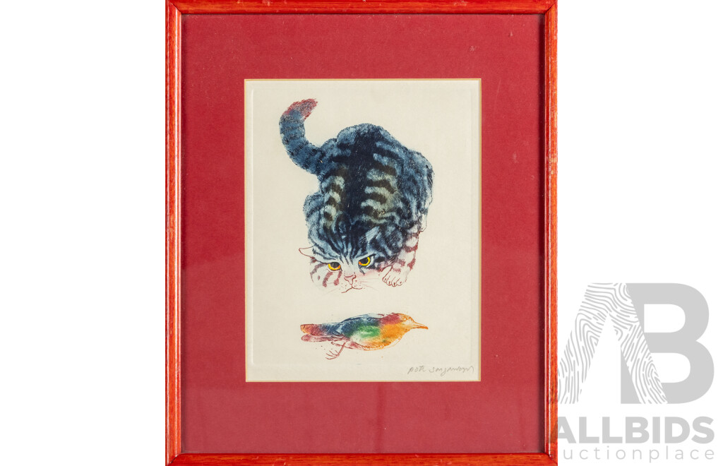 Pote Sangawongse (20th Century, Thai, 1939-2002), Cat and Bird, Original Signed Coloured Etching, 30H x 25W cm (frame)