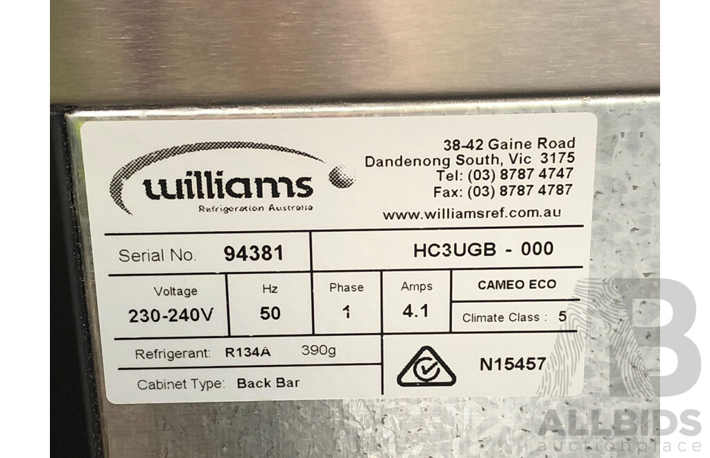 Williams Cameo Three Door Back Bar  Commercial Refrigerator