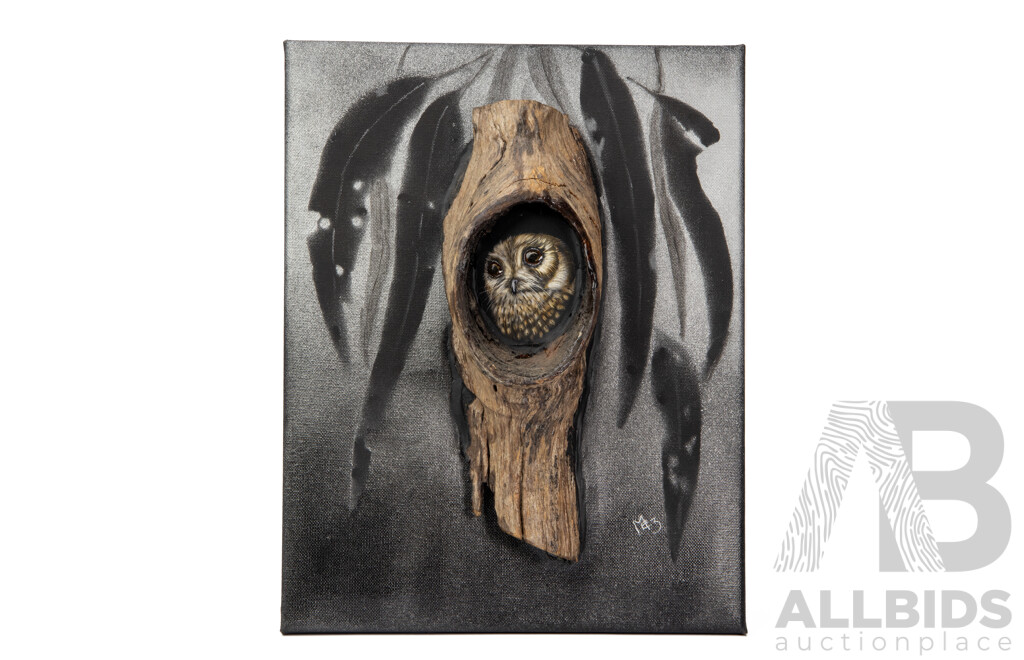 Marianne Schager (Mez), (20th Century, Australian), Owlett Nightjar, Unique Original Scratchboard, Watercolour & Natural Tree Bark Mixed Media, 36 x 28 cm (frame)