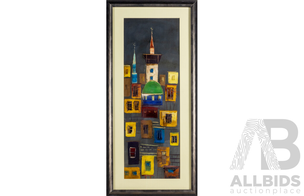 Jano (20th Century, Kuwaiti), Minaret Skyline (2009), Absolutely Wonderful Original Oil on Canvas Board, 85 x 34 cm (frame)