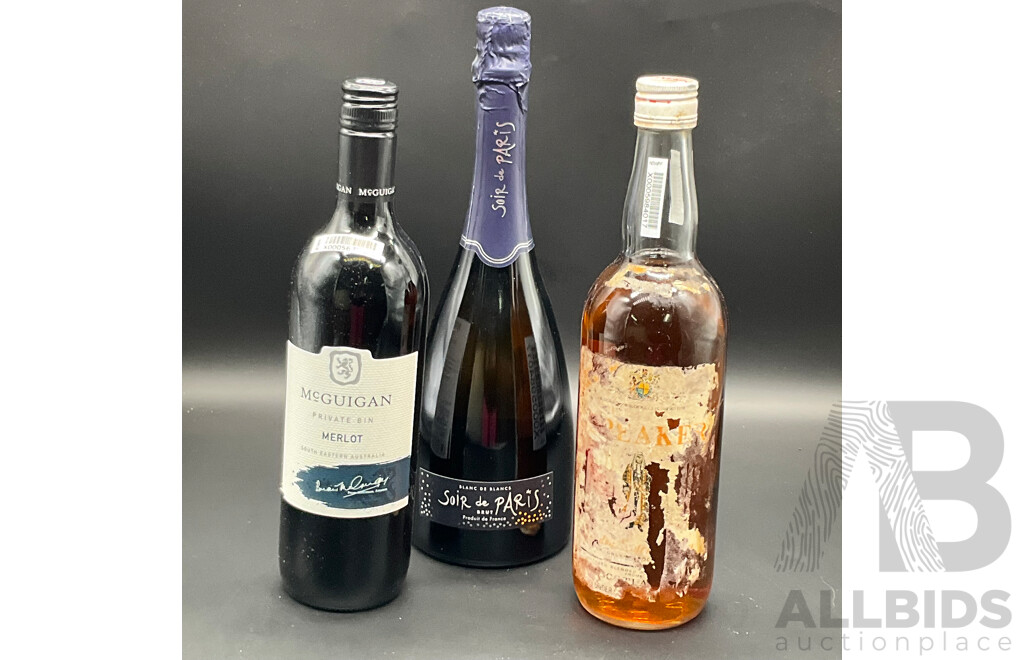 THE SPEAKER Blended Schotch Whisky, McGuigan Melot and Soir De Paris Blanc De Blancs Brut - Lot of 3