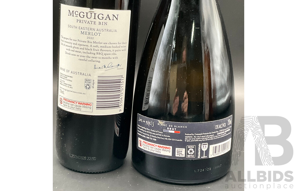 THE SPEAKER Blended Schotch Whisky, McGuigan Melot and Soir De Paris Blanc De Blancs Brut - Lot of 3