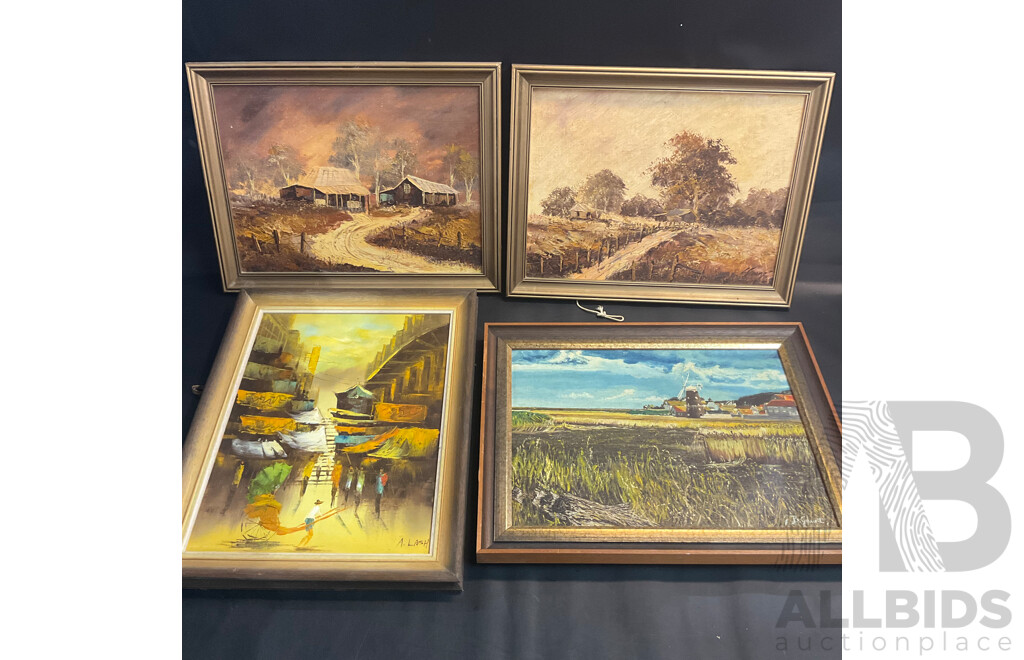 Four Vintage Framed Paintings, Oil on the Canvas