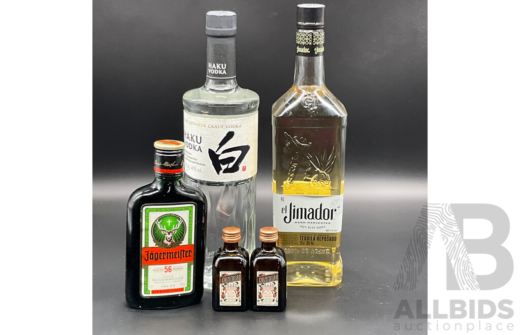 El Jimador Reposado Tequila 700ml, Haku Japanese Craft Vodka 700ml, JAGERMEIFTER Herbal Liqueur 200ml and COINTREAU 50ml - Lot of 5