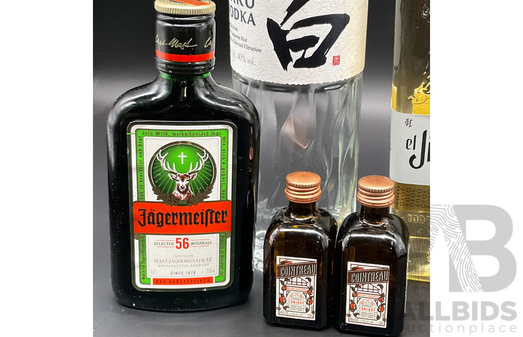 El Jimador Reposado Tequila 700ml, Haku Japanese Craft Vodka 700ml, JAGERMEIFTER Herbal Liqueur 200ml and COINTREAU 50ml - Lot of 5