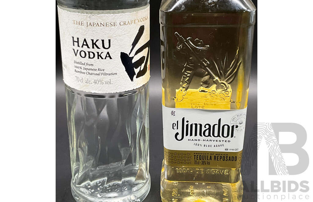 El Jimador Reposado Tequila 700ml, Haku Japanese Craft Vodka 700ml, JAGERMEIFTER Herbal Liqueur 200ml and COINTREAU 50ml - Lot of 5