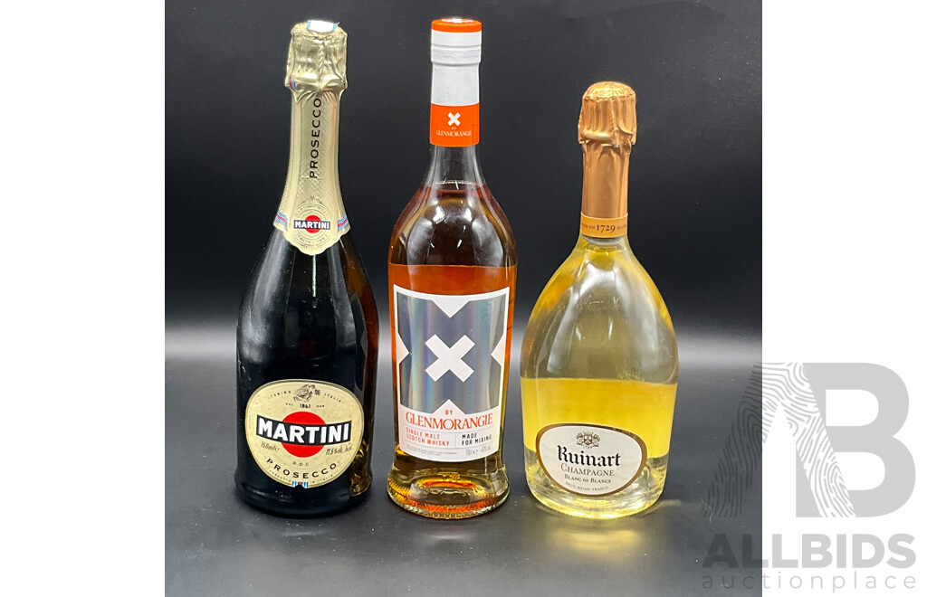 MARTINI Prosecco 750ml, GLENMORANGIE X Whisky 700ml and RUINART Champagne 700ml - Lot of 3