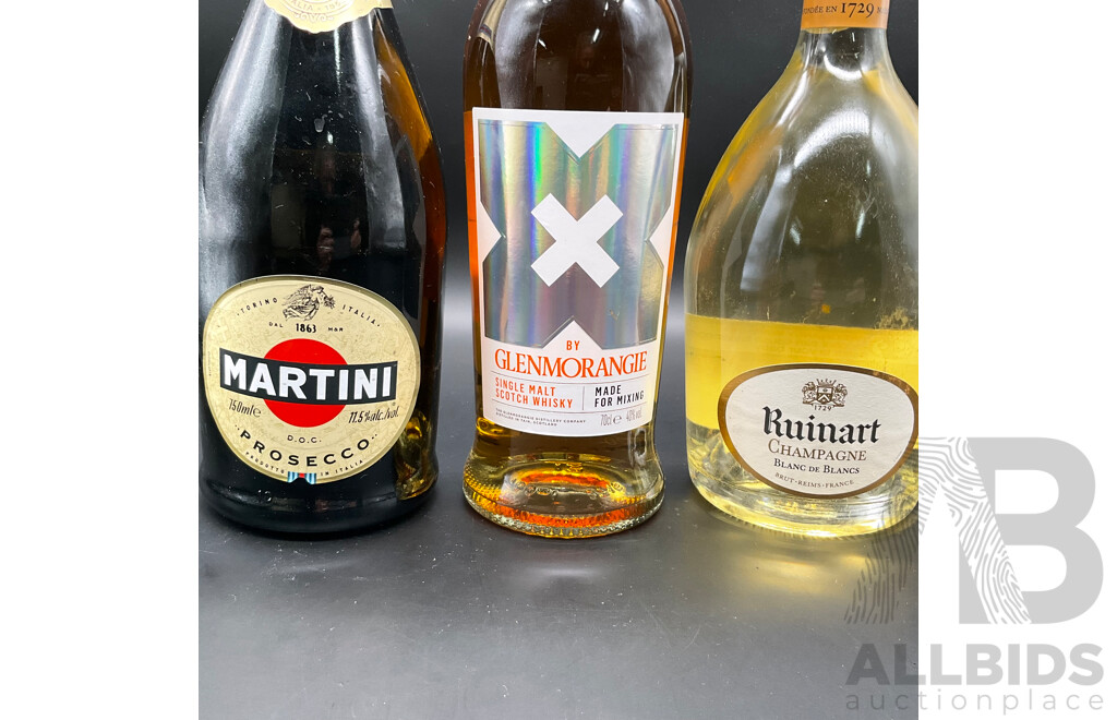 MARTINI Prosecco 750ml, GLENMORANGIE X Whisky 700ml and RUINART Champagne 700ml - Lot of 3
