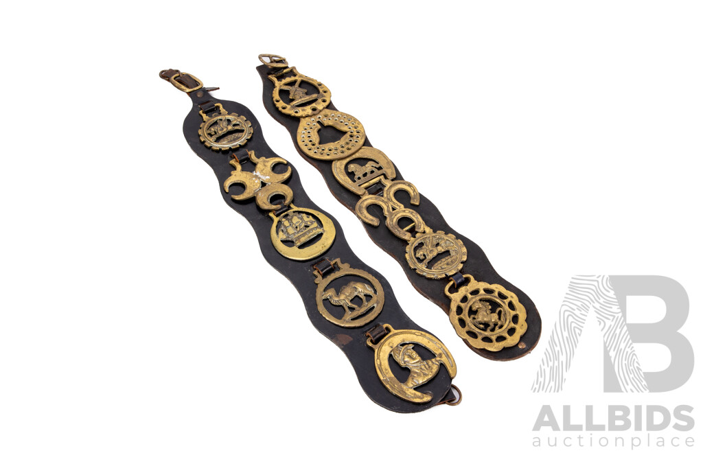 Two Vintage Leather and Horse Brasses