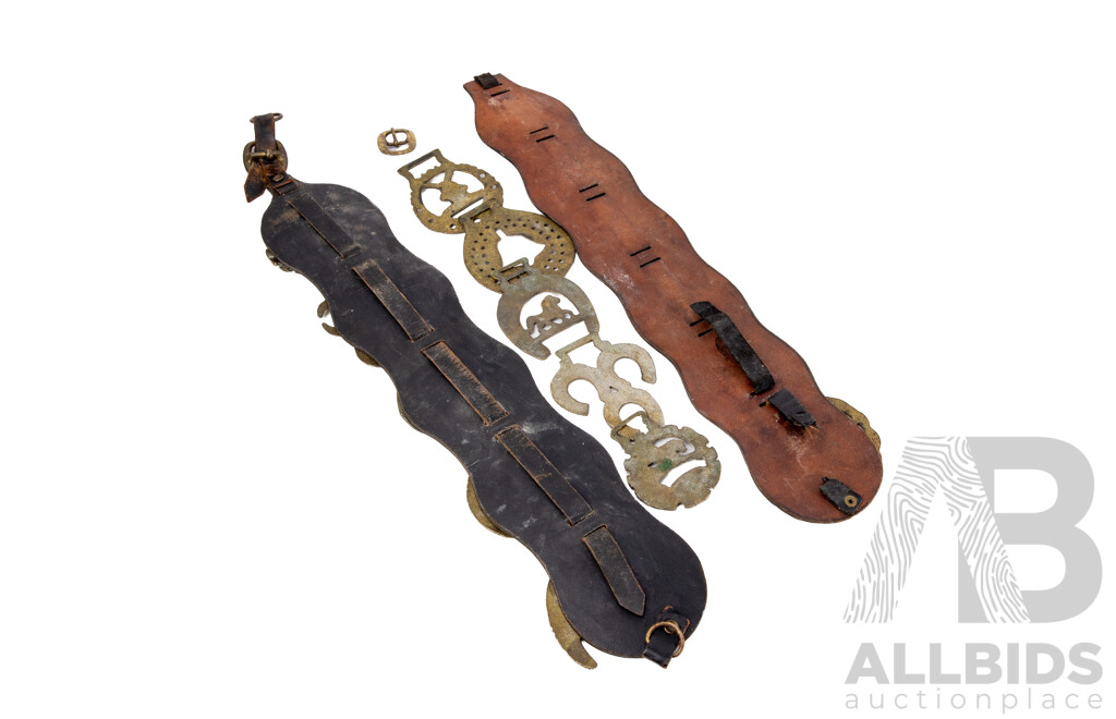 Two Vintage Leather and Horse Brasses