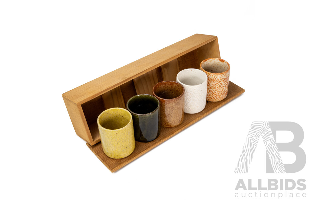 Boxed Set of Five Japanese Glazed Ceramic Sake Cups