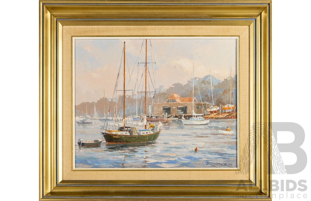 Otto Kuster (20th Century, Bohemian (Now Czech) Born Australian, 1941-), Mosman Bay (1979), Wonderful Vintage Oil on Canvas Board, 61H x 71 cm (frame)