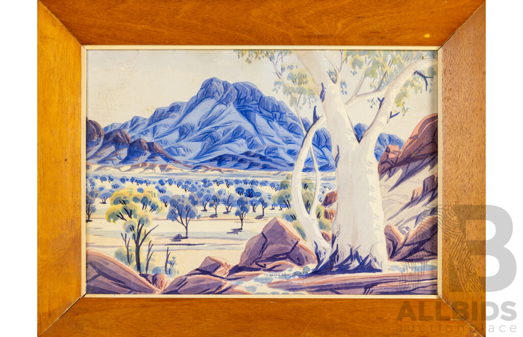 Walter Ebatarinja, (20th Century, Indigenous-Australian, 1915-1968), Central Australian Ghost Gum and Blue Mountains, Wonderful Vintage Original Watercolour, 48H x 63W cm (frame)
