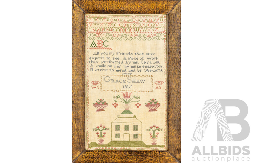 Grace Shaw (19th Century), Wonderful Antique 19th Century Sampler, Cross Stitch on Linen Panel, 59H x 34W cm (frame)