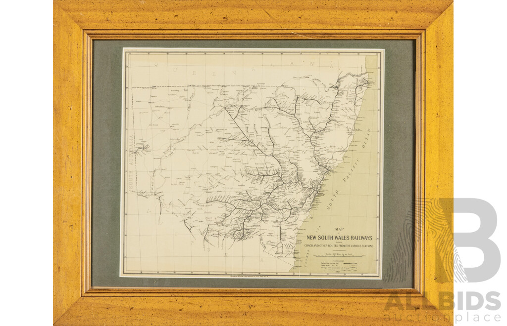 New South Wales Railways Map, Antique Lithographic Print (Early-Mid1900s), 45H x 55W cm (frame)