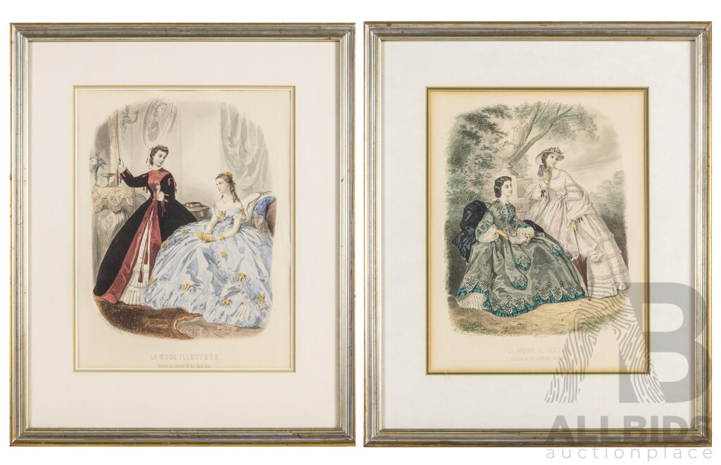 La Mode Illustree, Bureaux Du Journal 56 Rue Jacob, Paris, Pair of Hand Painted Fashion Lithographs (mid-late 1890s), 47H x 38W cm (frames) (2)