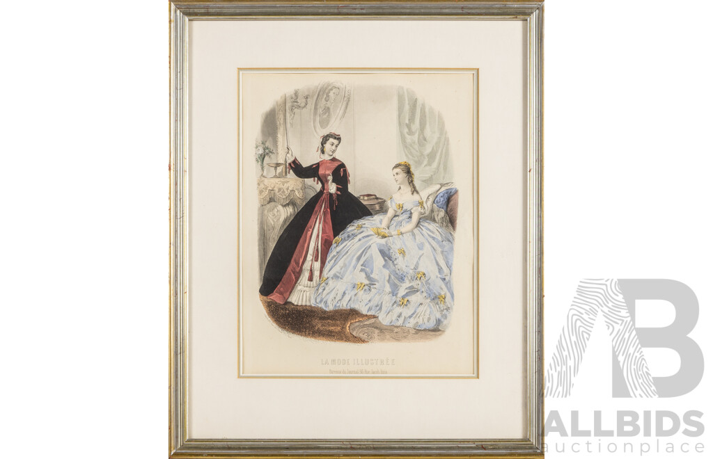La Mode Illustree, Bureaux Du Journal 56 Rue Jacob, Paris, Pair of Hand Painted Fashion Lithographs (mid-late 1890s), 47H x 38W cm (frames) (2)