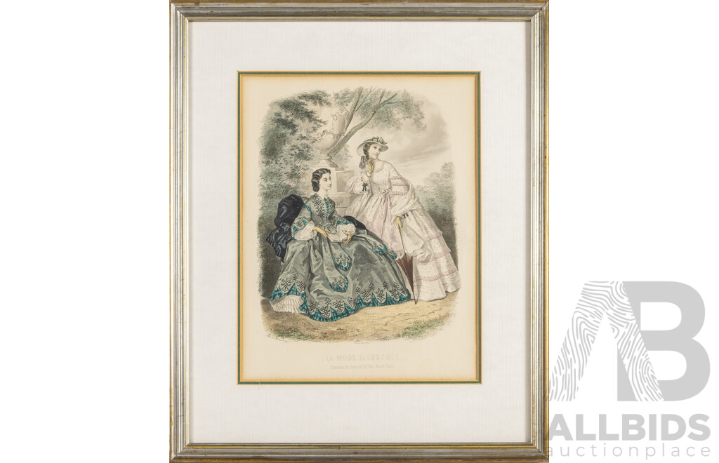 La Mode Illustree, Bureaux Du Journal 56 Rue Jacob, Paris, Pair of Hand Painted Fashion Lithographs (mid-late 1890s), 47H x 38W cm (frames) (2)