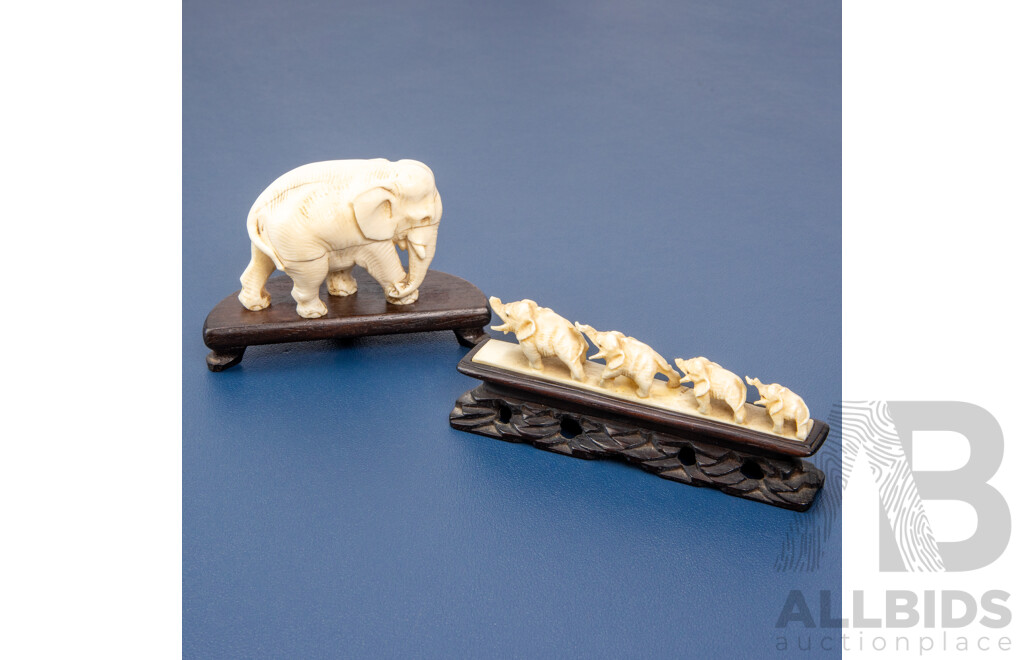 Vintage Carved Ivory Elephants & Wood Stands - Lot of 2