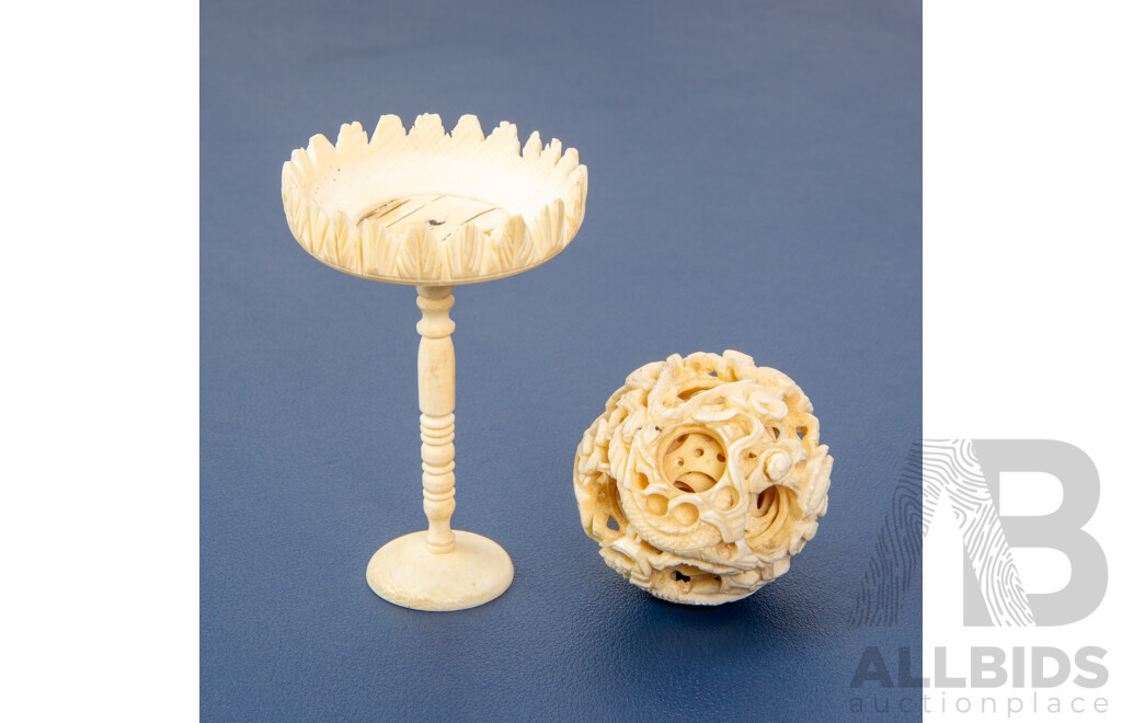 Vintage Carved Chinese Ivory Puzzle Ball and Pedestal Stand