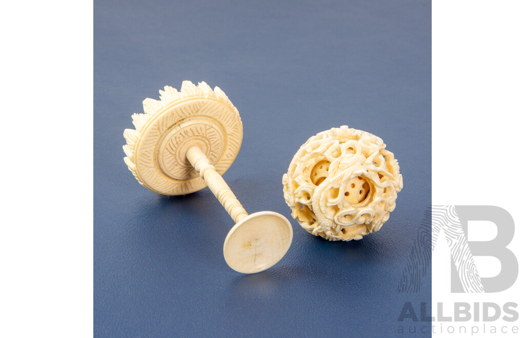 Vintage Carved Chinese Ivory Puzzle Ball and Pedestal Stand