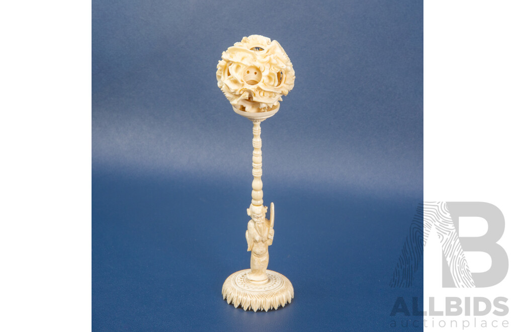 Vintage Carved Ivory Chinese Puzzle Ball & Pedestal Stand - 19th/20th Century