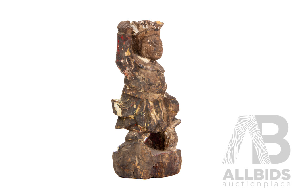 Antique Chinese Carved Wooden Statue with Polychrome Finish