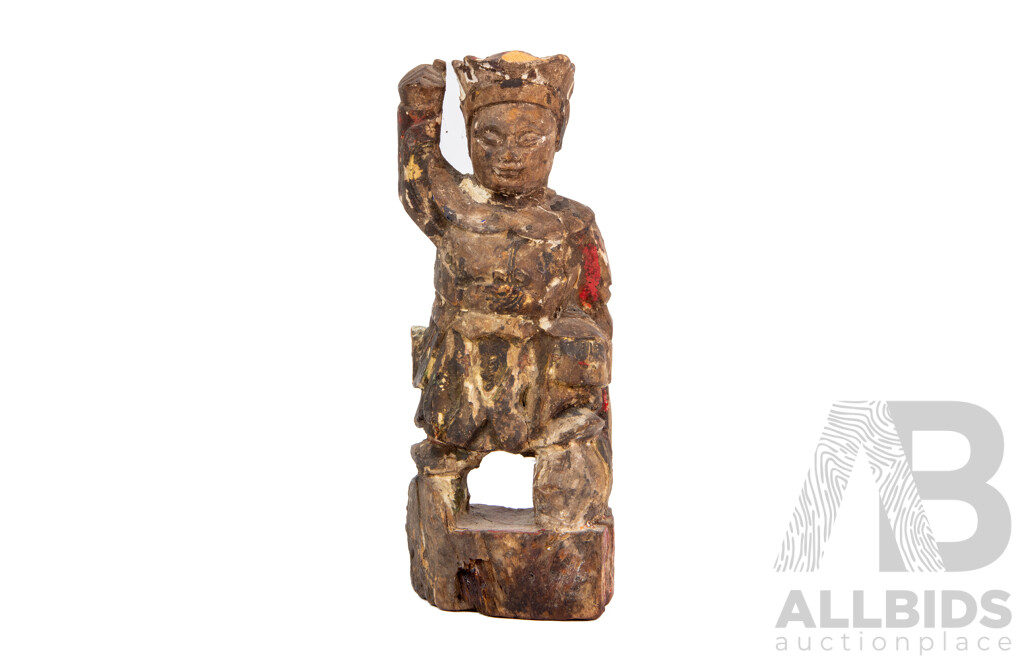 Antique Chinese Carved Wooden Statue with Polychrome Finish