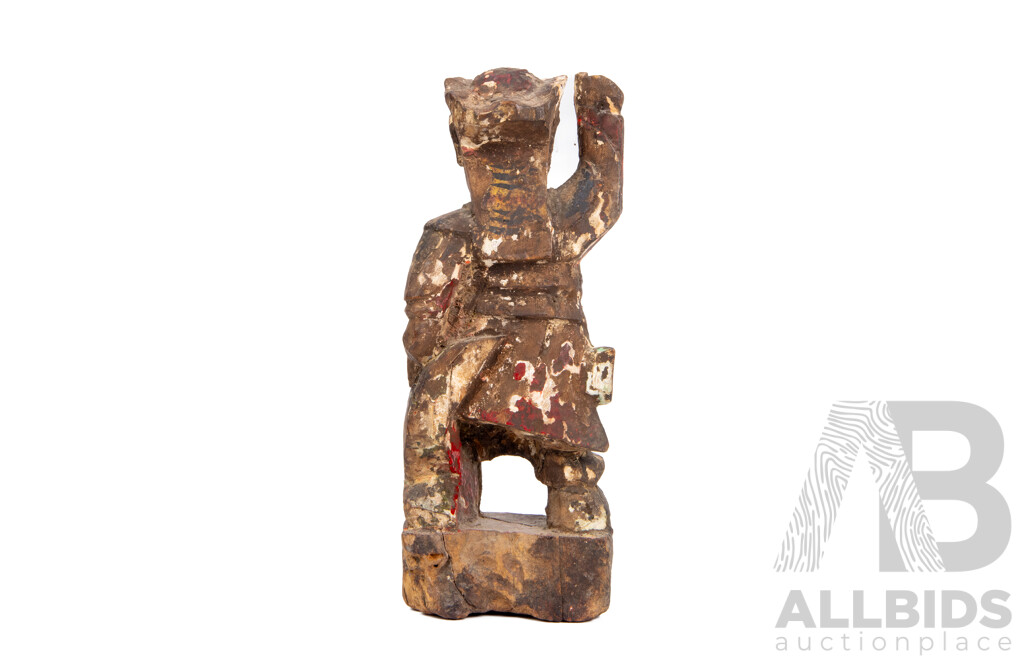 Antique Chinese Carved Wooden Statue with Polychrome Finish