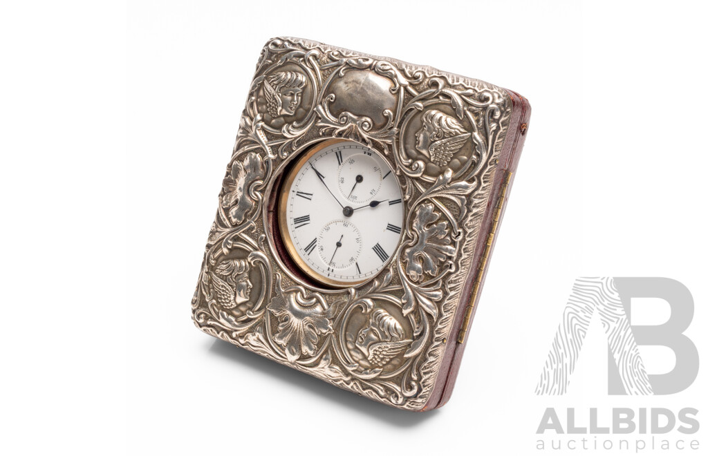 Vintage Black Steel Pocket Watch in Case with Sterling Silver Face
